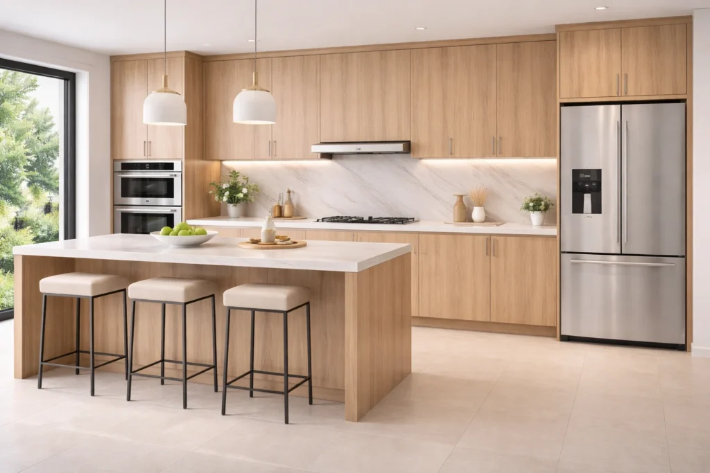 Modern kitchen with wood accents.