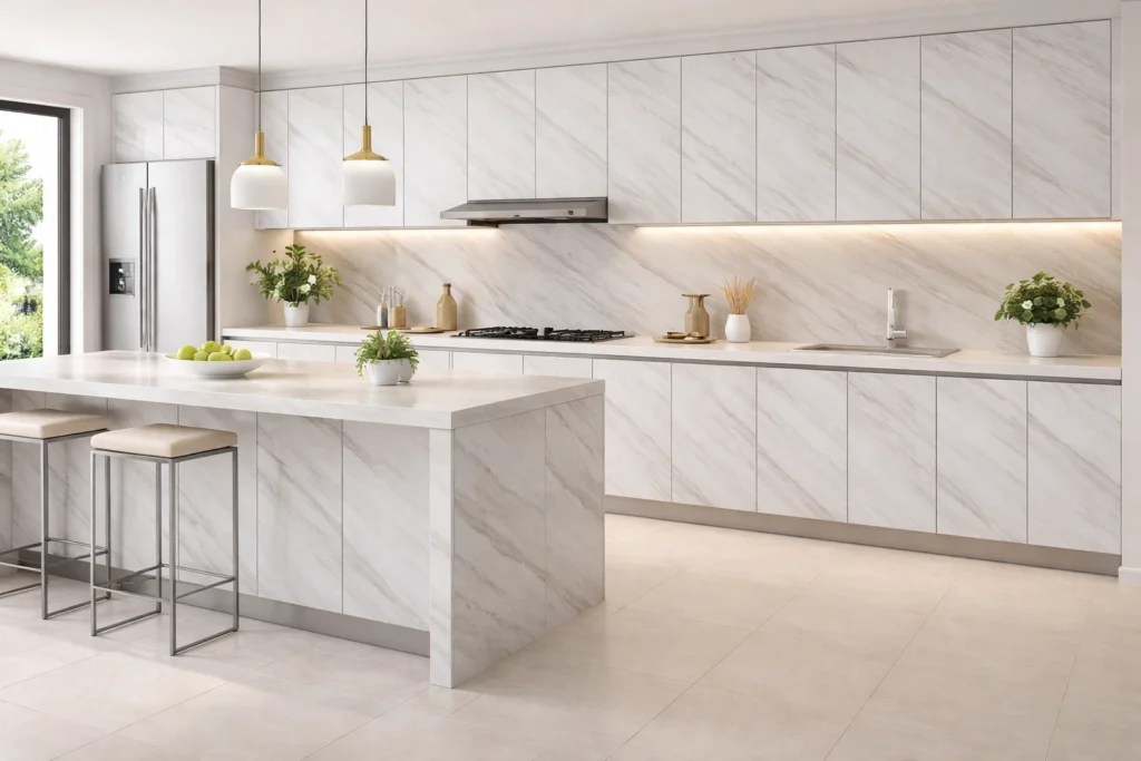 Modern kitchen with white marble accents.
